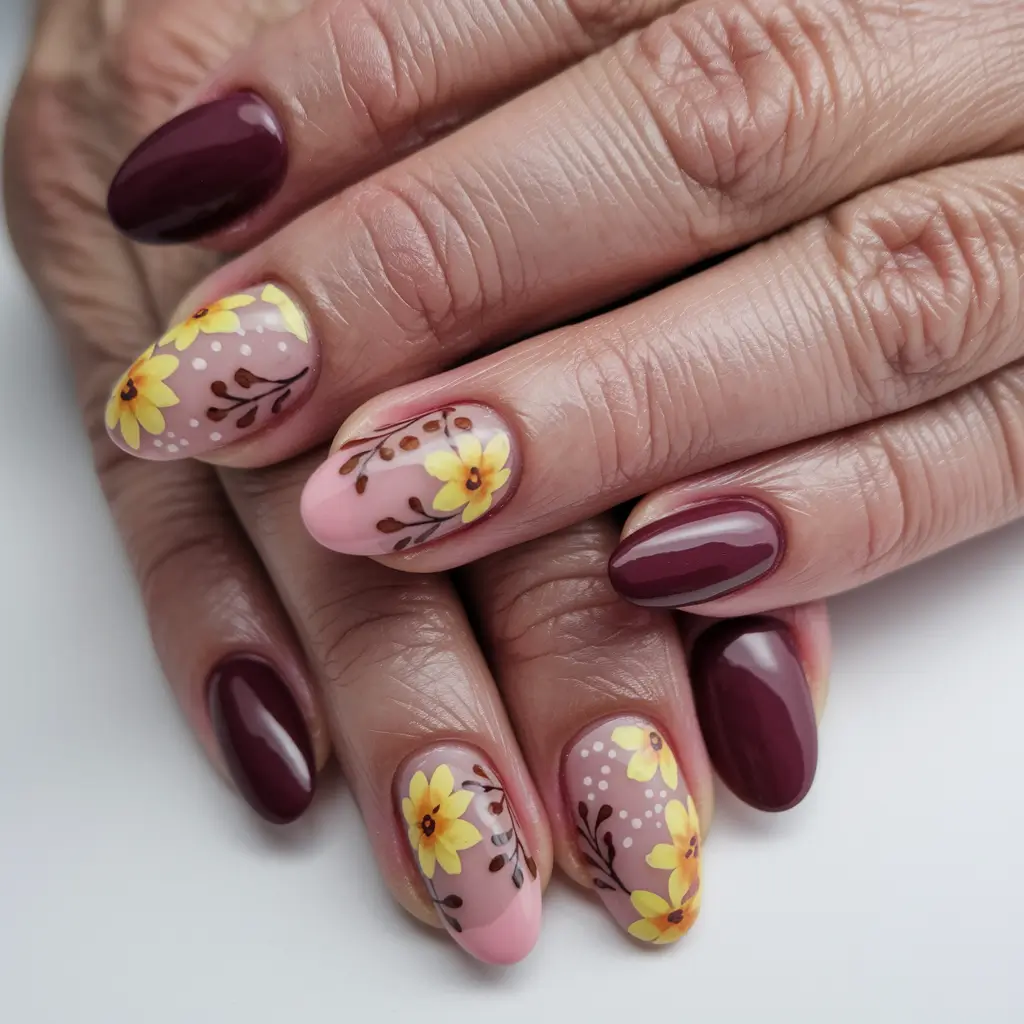september nails designs almond+Burgundy Blooms on Blush