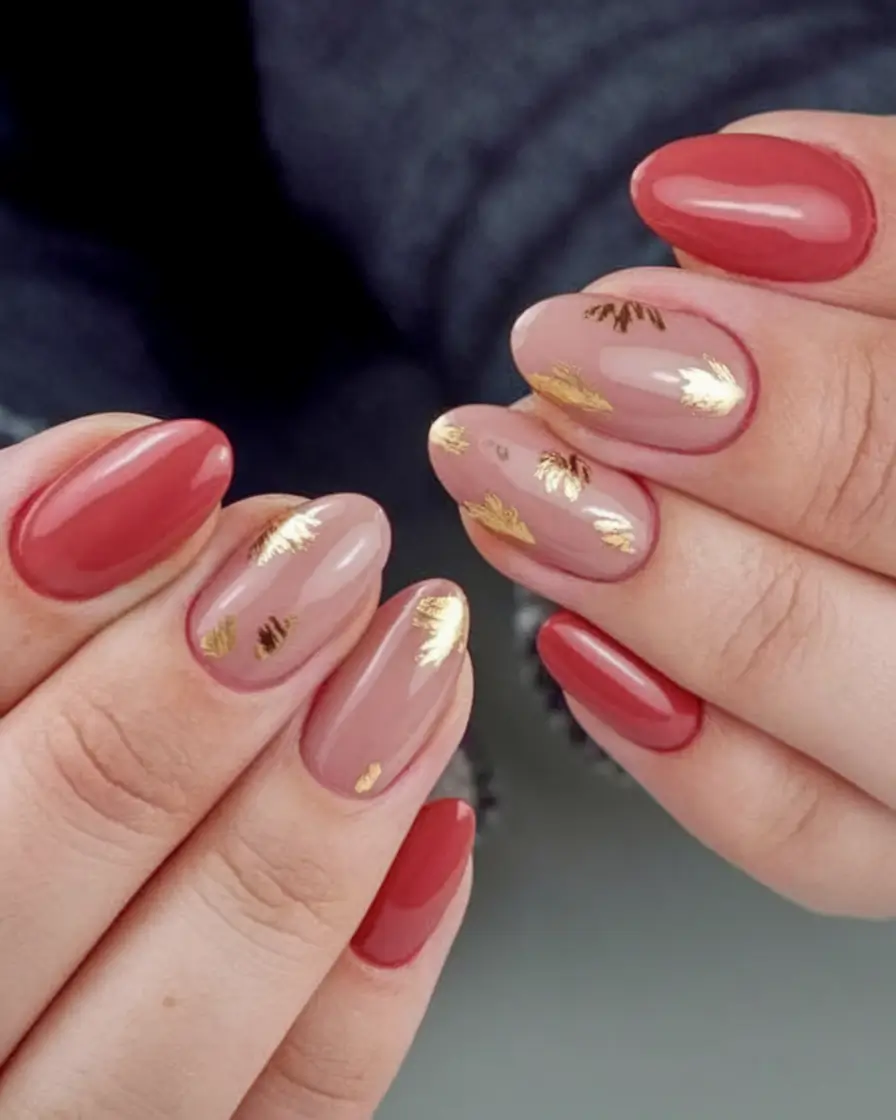 september nails designs red+Golden Rust with Luxe Leaf Foil
