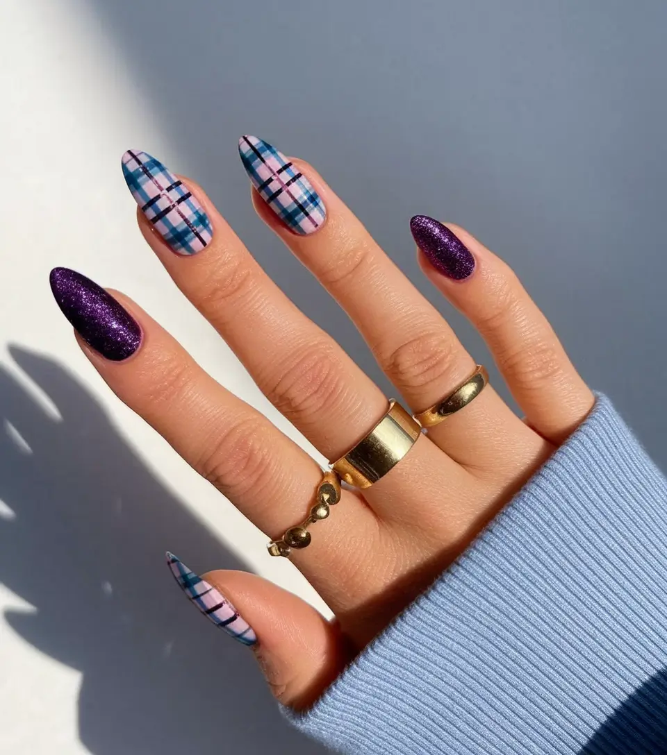 september nails designs stiletto Violet Sparkle and Tartan Check
