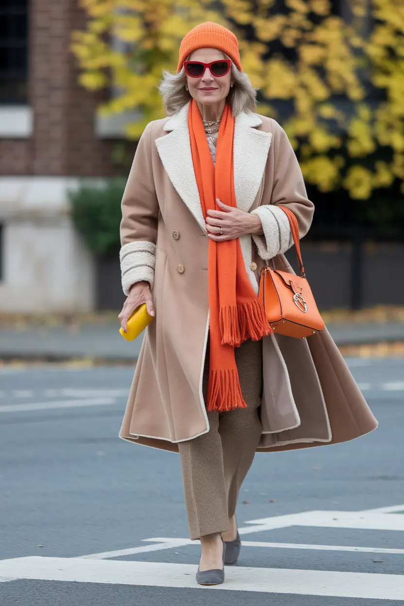 fall outfits for women over 50 Statement Neutrals with a Pop of Orange