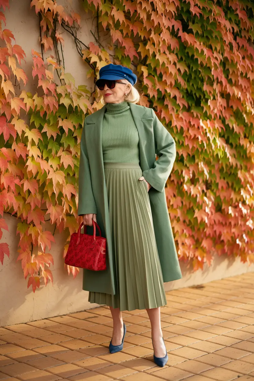 fall outfits for women over 50 plus size Soft Sage Meets Power Red: A Cool-Weather Daydream