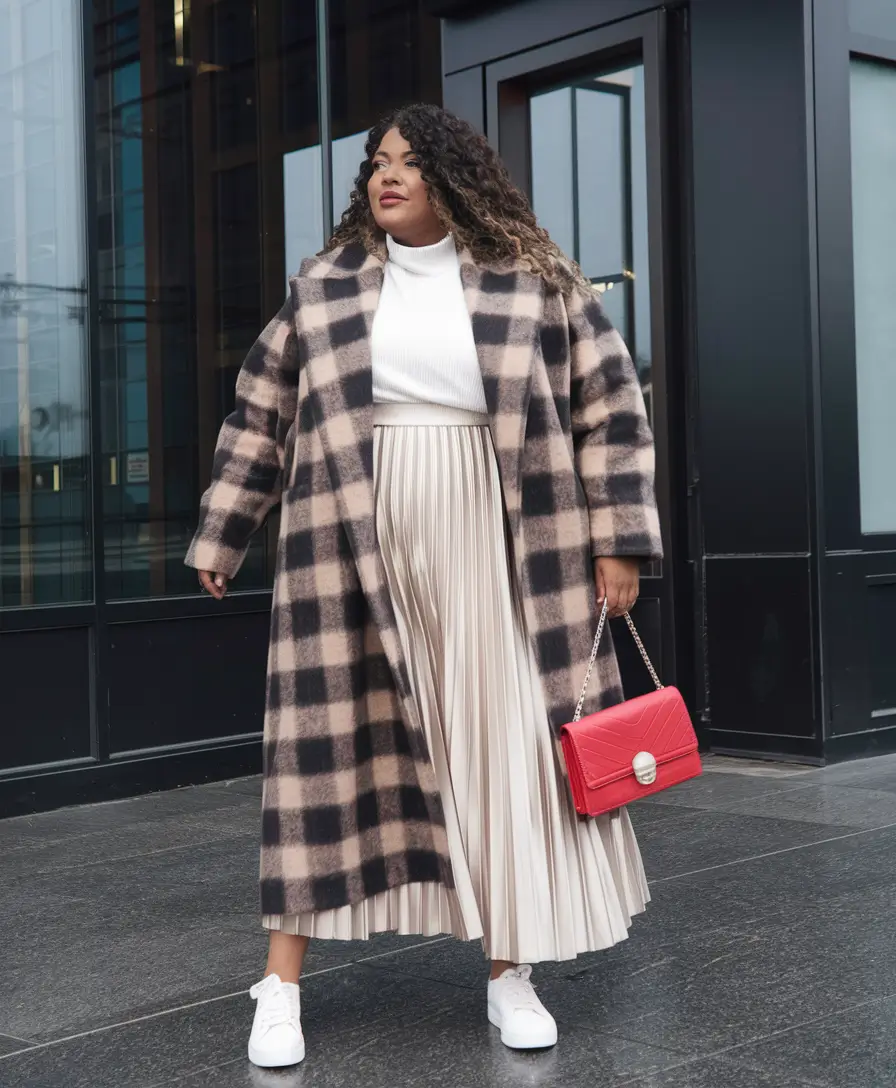 curvy fall outfits 2025 Plaid Meets Pleats