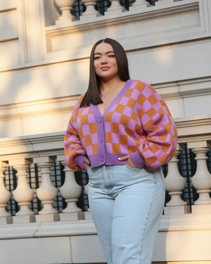 curvy fall outfits date night Checkerboard Cardigan With a Twist