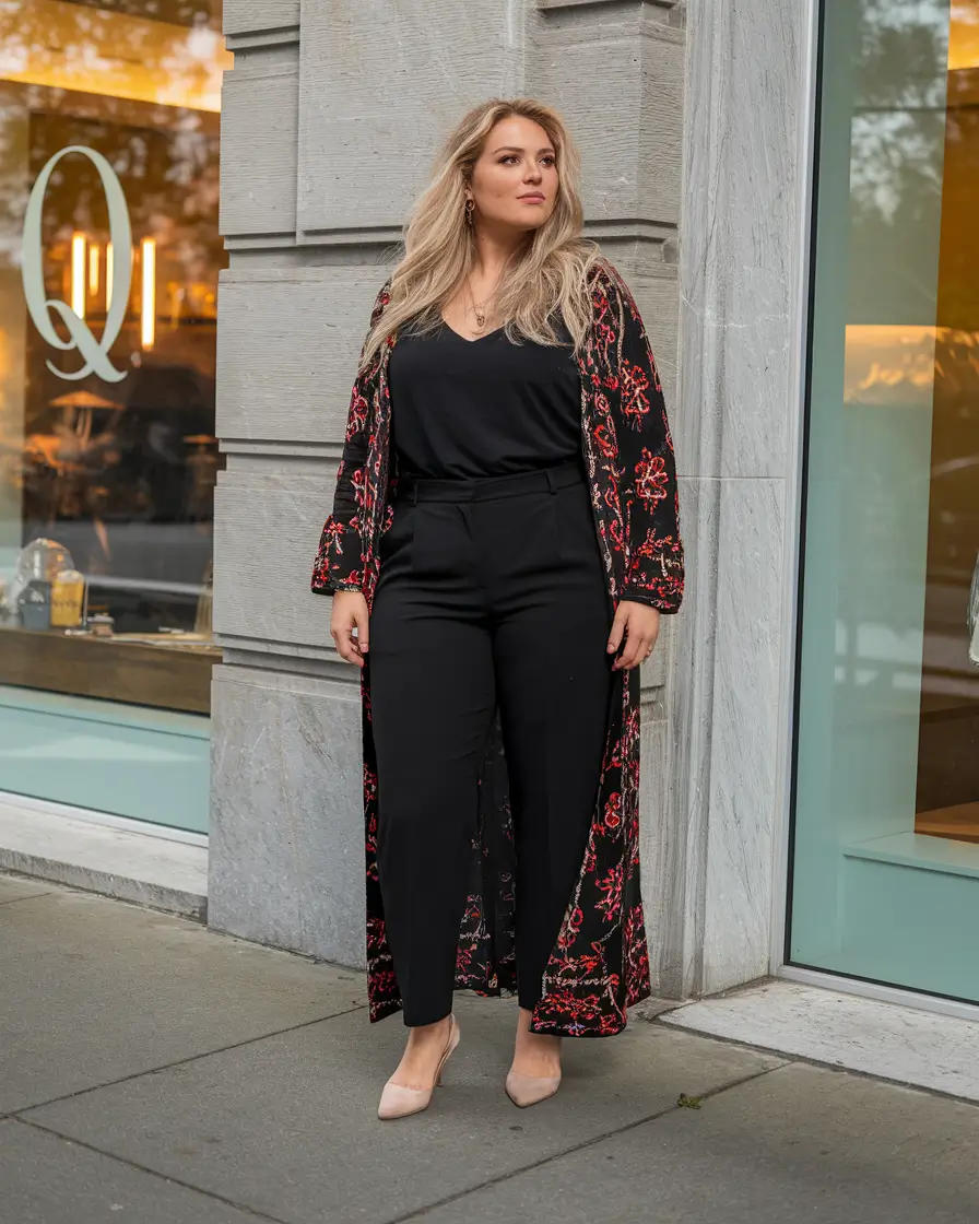 fall plus size capsule wardrobe ideas 2025 Elegant Drama with a Printed Duster