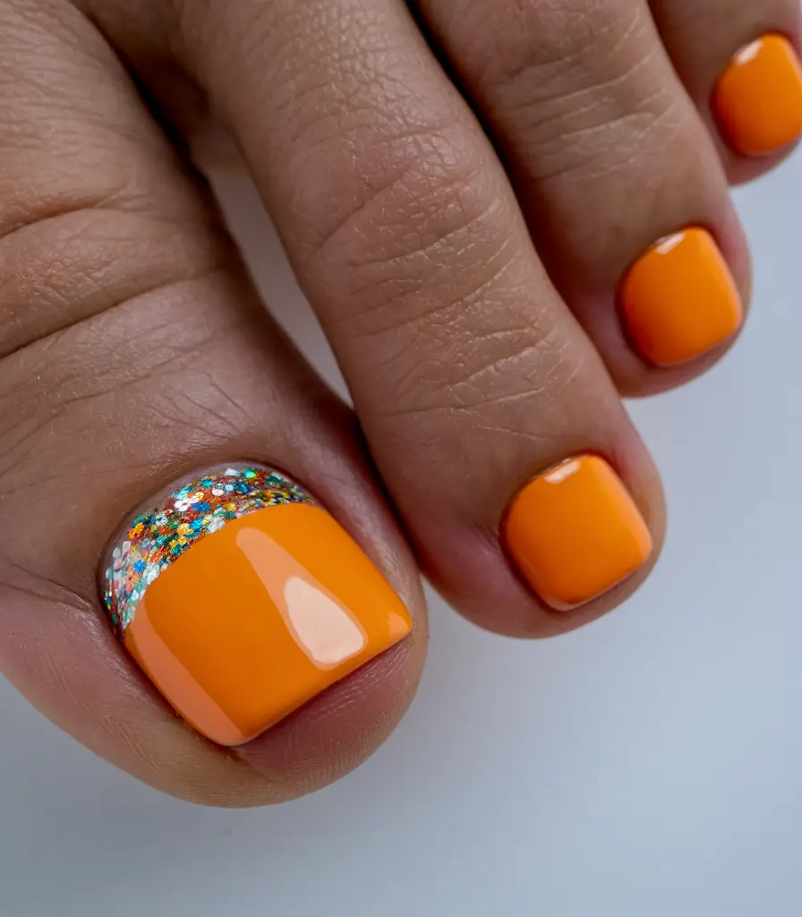 fall toe nail colors 2025 orange glitter edge