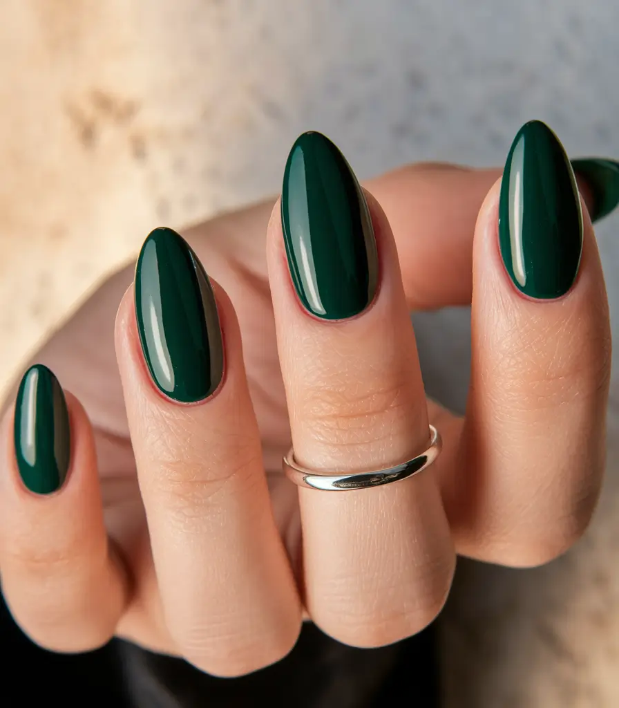 september nails color fall 2025+Deep Emerald with High-Gloss Finish