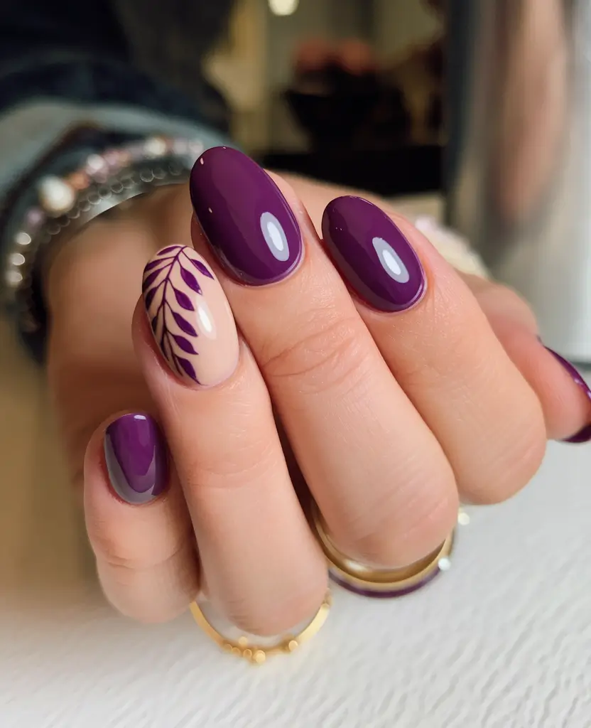 september nails color fall design 2025+Royal Plum with Graphic Leaf Detail