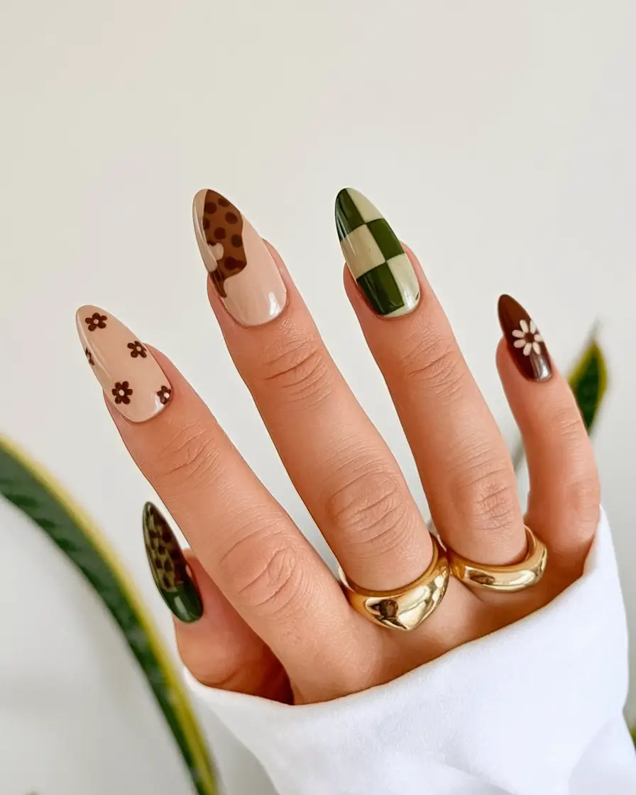september nails color fall design 2025+Patchwork Neutrals and Forest Green Accents