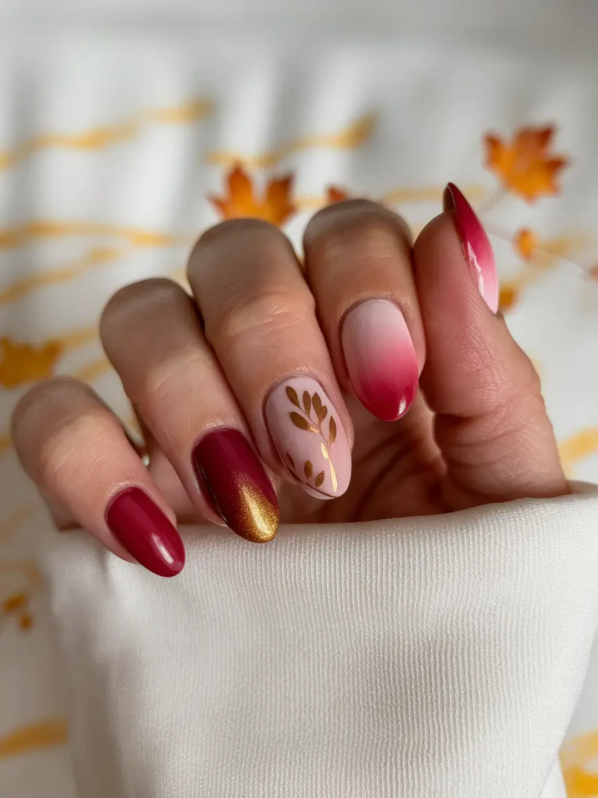 september nails color fall design 2025 Maple Red Fade and Foil Elegance