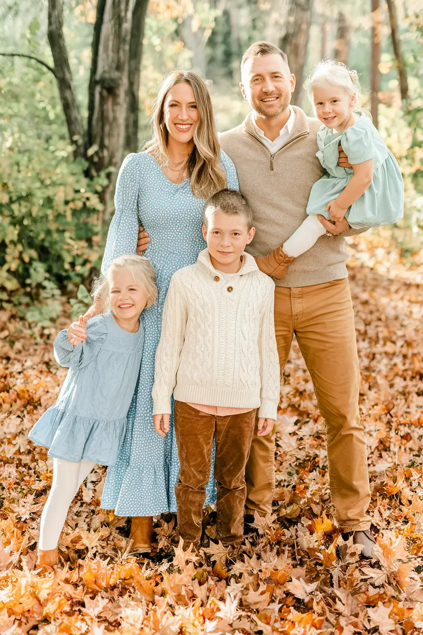 fall family photo outfits 2025 Dusty Blues and Buttery Browns for Whimsy in the Leaves