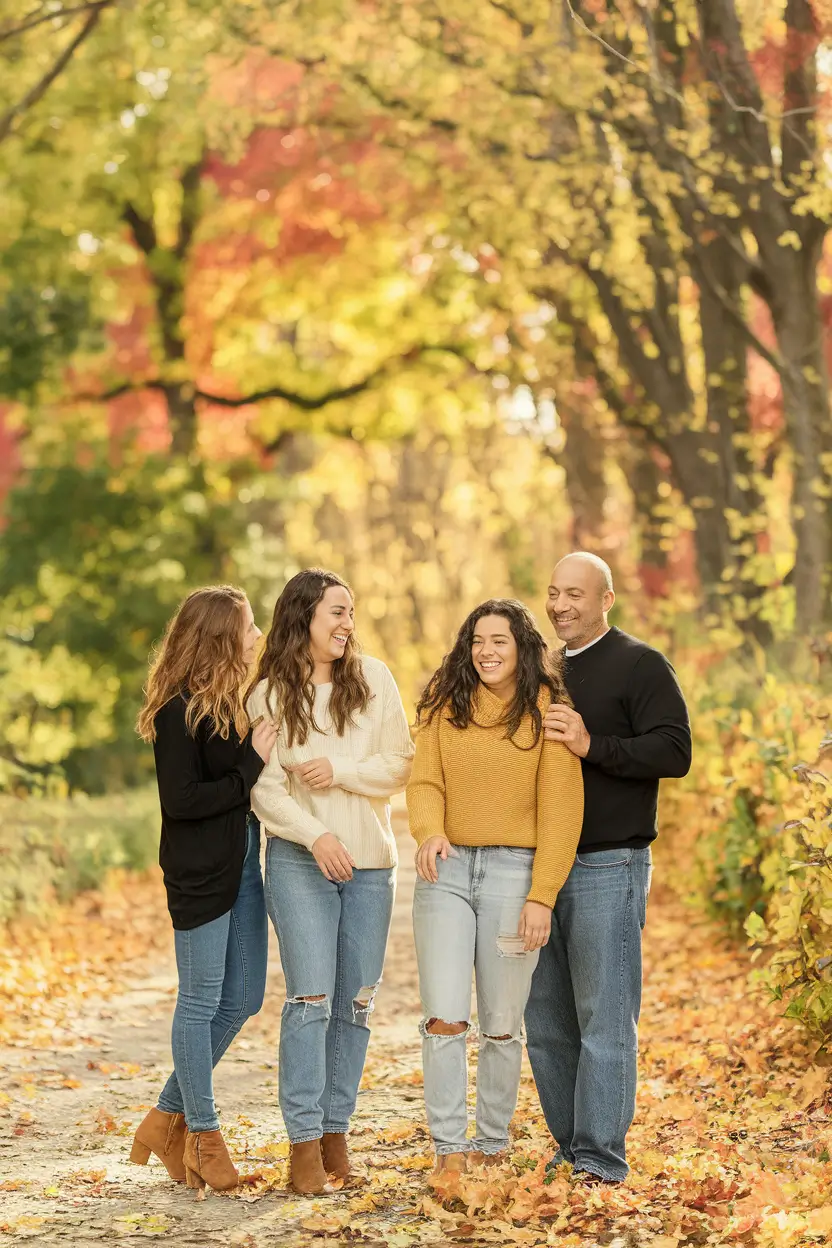 fall family photo outfits 2025 Bright Knits and Denim for a Classic Autumn Trail