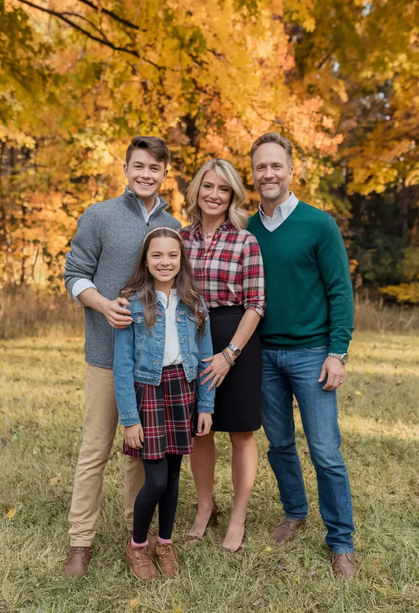 fall family photo outfits 2025 Preppy Plaids and Jewel-Tone Layers for a Polished Look