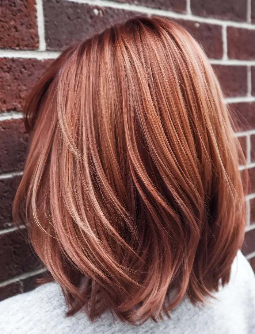september hair color ideas brunette highlights + Strawberry Bronze Balayage with Satin Finish