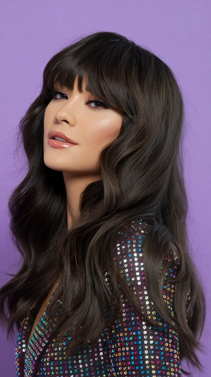 ideas brunette long Deep Brunette Waves with Soft Face-Framing Bangs