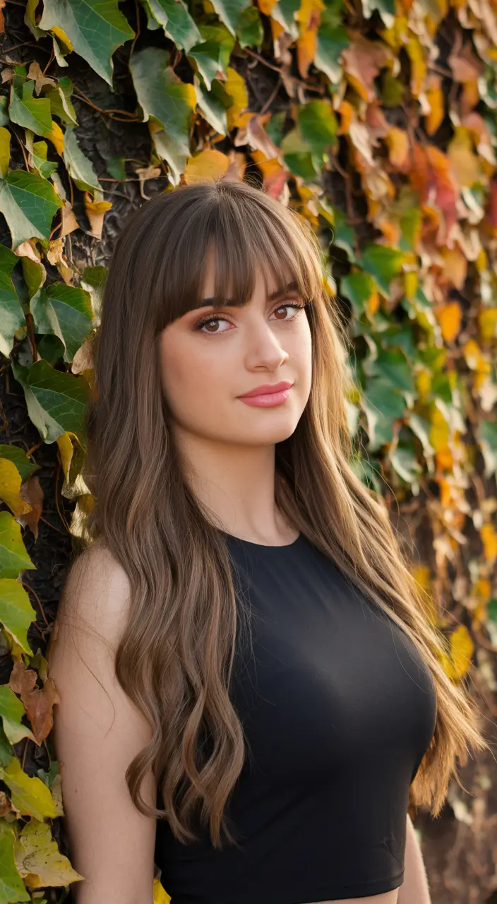 warm fall hair color for brunettes Soft Brunette with Feminine Curtain Fringe