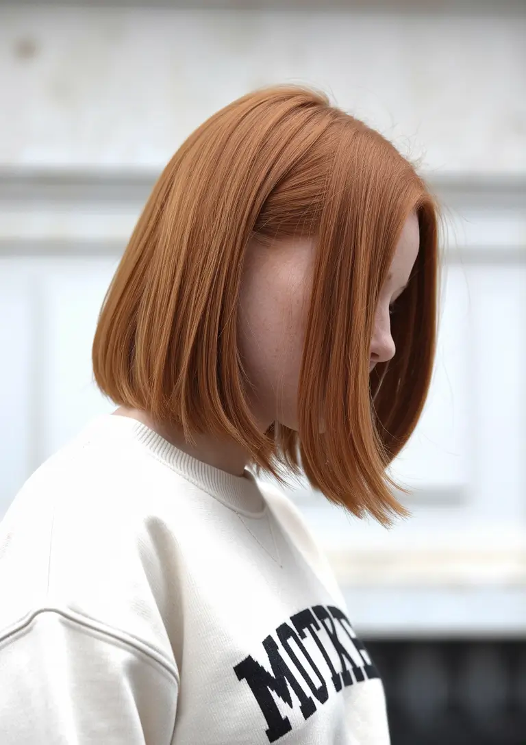 warm fall hair color red Golden Copper Blunt Bob