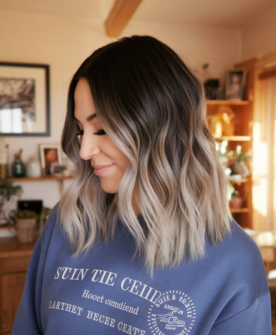 warm fall hair color for brunettes Dimensional Ashy Brunette with Subtle Melt