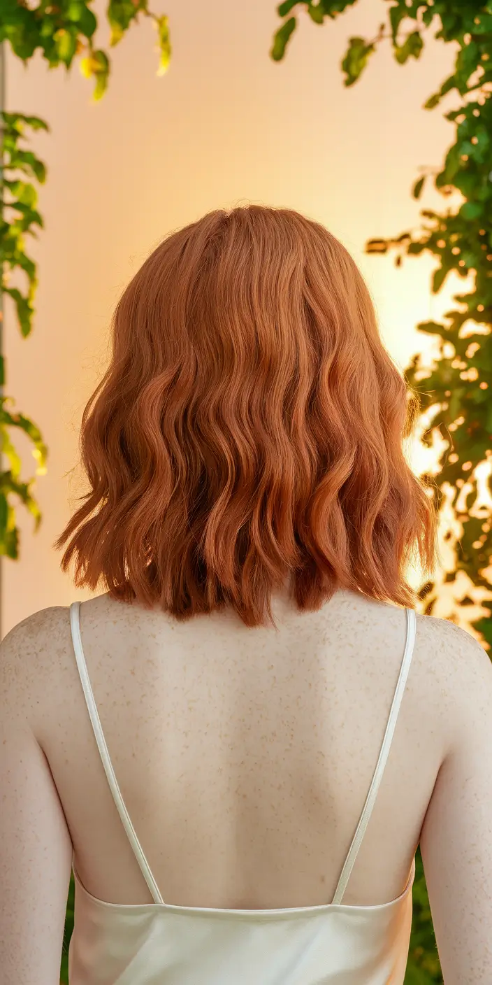 warm fall hair color red Wavy Copper Bob With Golden Hour Energy