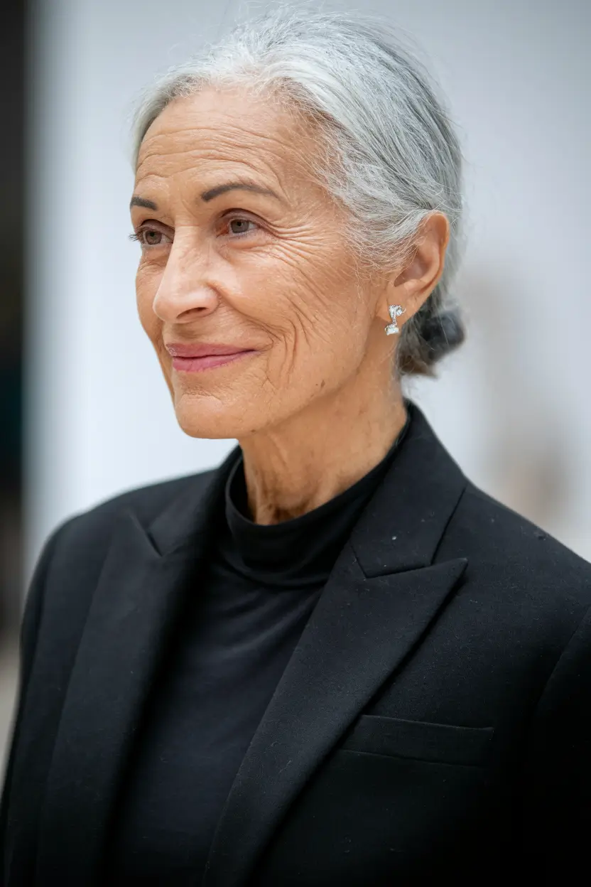 Fall haircuts for women over 60 Elegant Gray Chignon with Sleek Texture