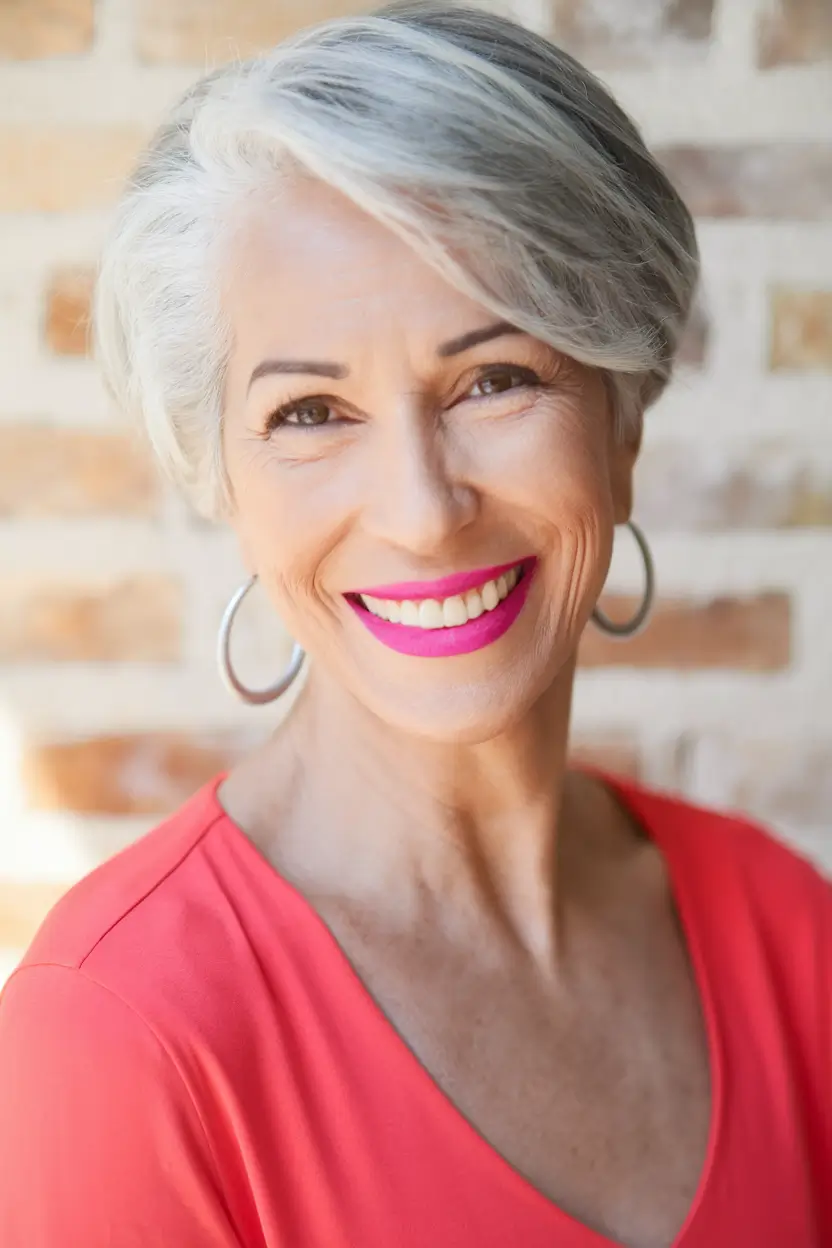 Fall haircuts for women over 60 Silver Confidence With a Sleek Side-Swept Crop
