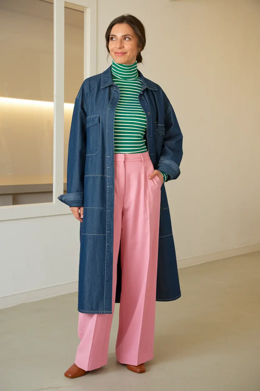 midsize fall outfits women Denim Duster and Candy-Colored Tailoring