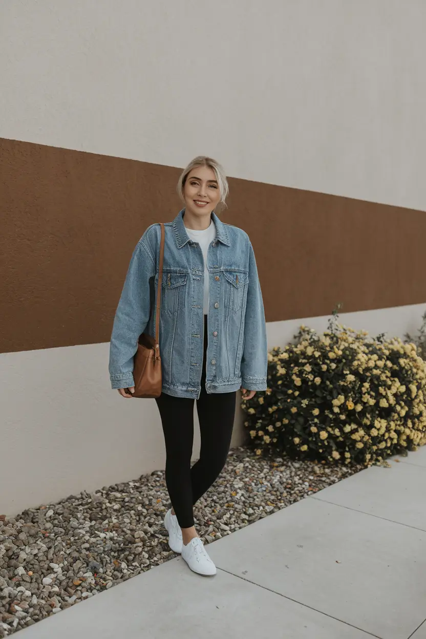 midsize fall outfits casual Classic Denim Jacket and Legging Combo