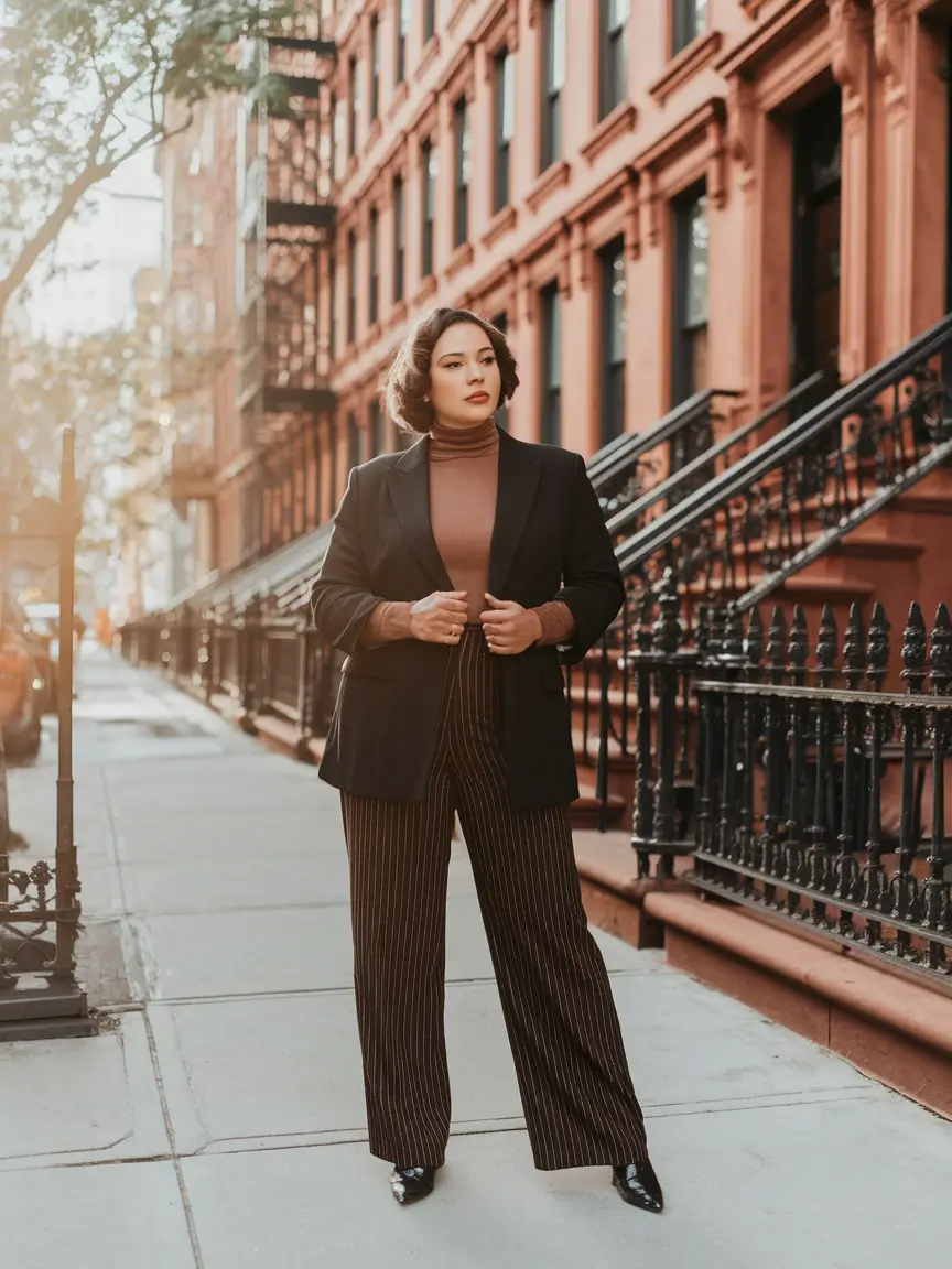 midsize fall outfits 2025 work Classic Pinstripes with a Bold Base