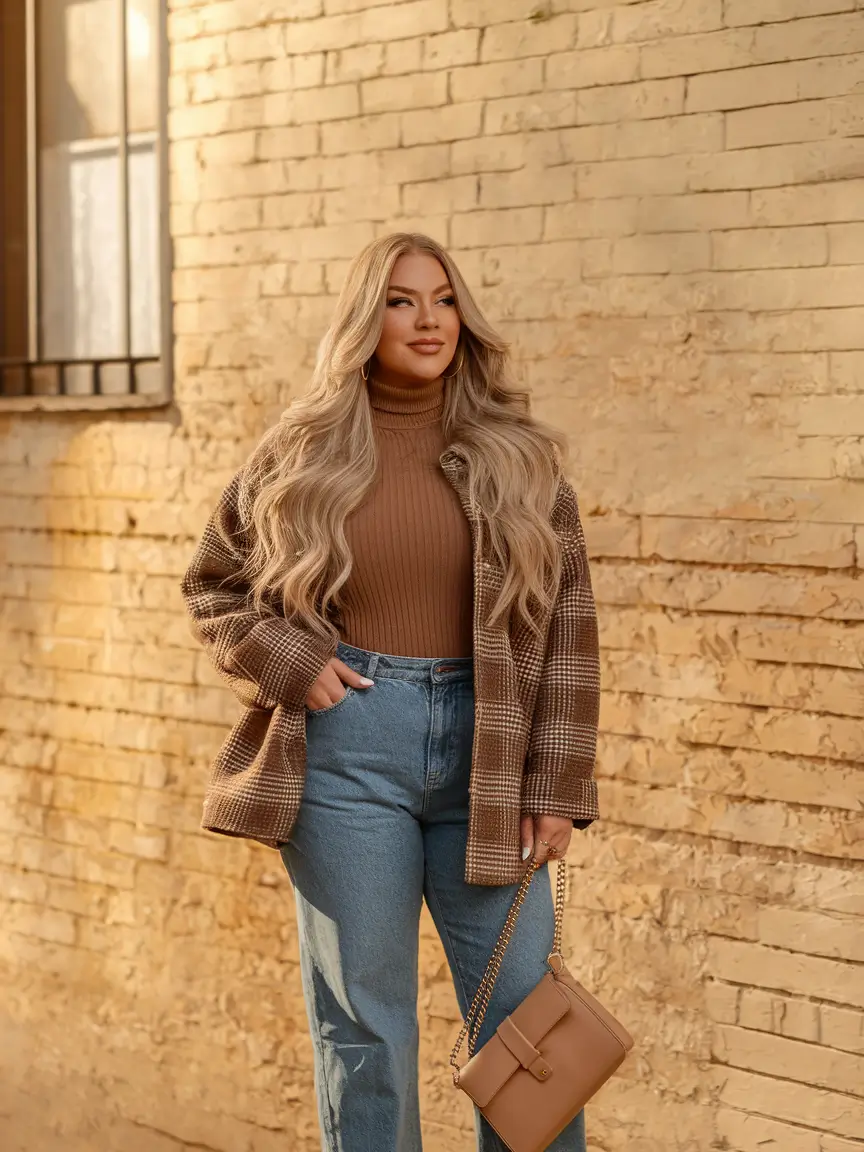 midsize fall outfits 2025 casual Warm Neutrals with Elevated Denim