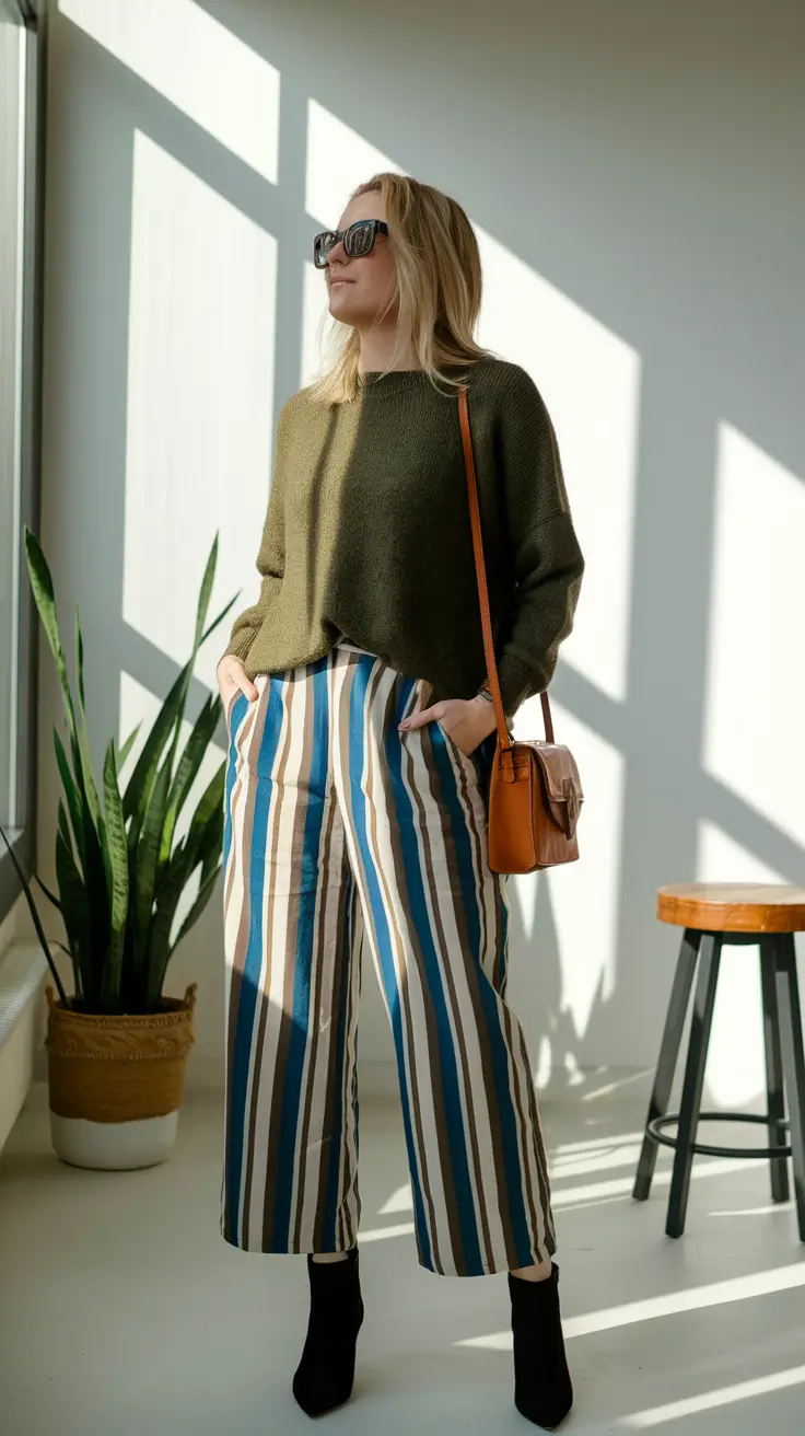 midsize fall outfits alt Stripes and Earthy Greens with a Retro Edge