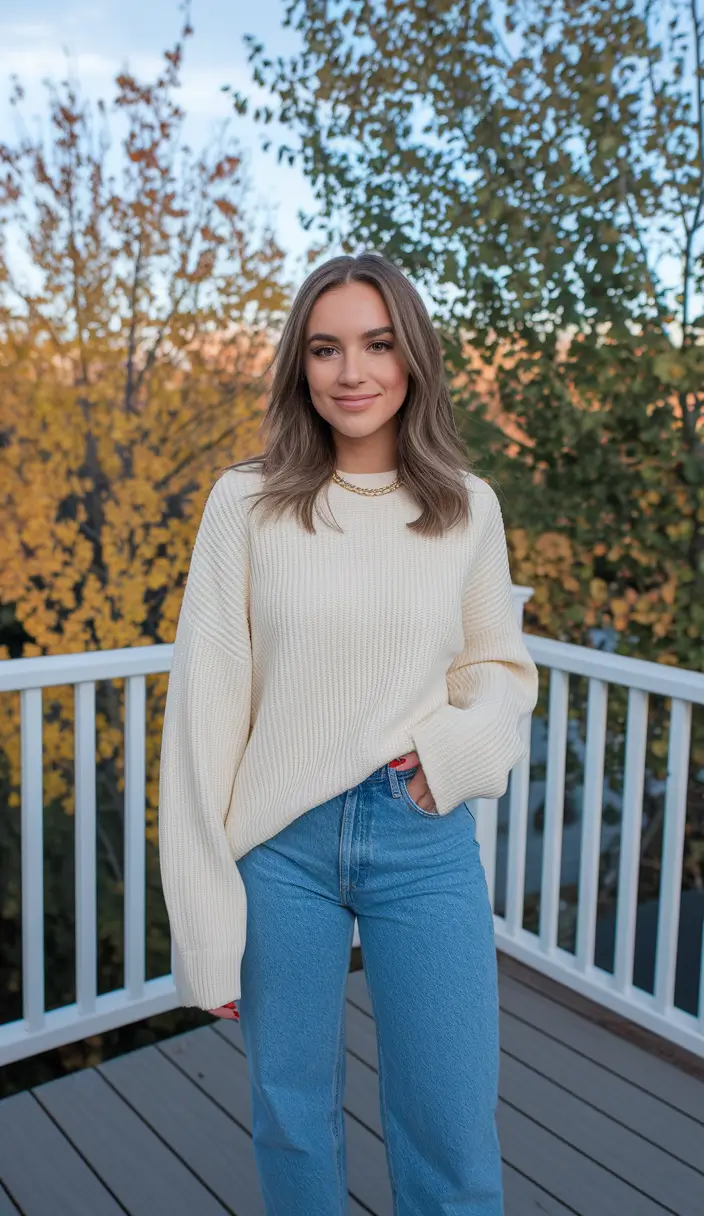 midsize fall outfits comfy Cream Sweater Simplicity with Everyday Denim