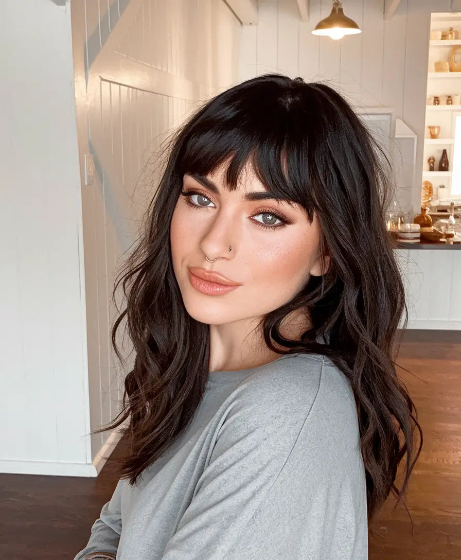 Modern hairstyle for Fall Hair 2025 Jet Brunette Shag with Fringe