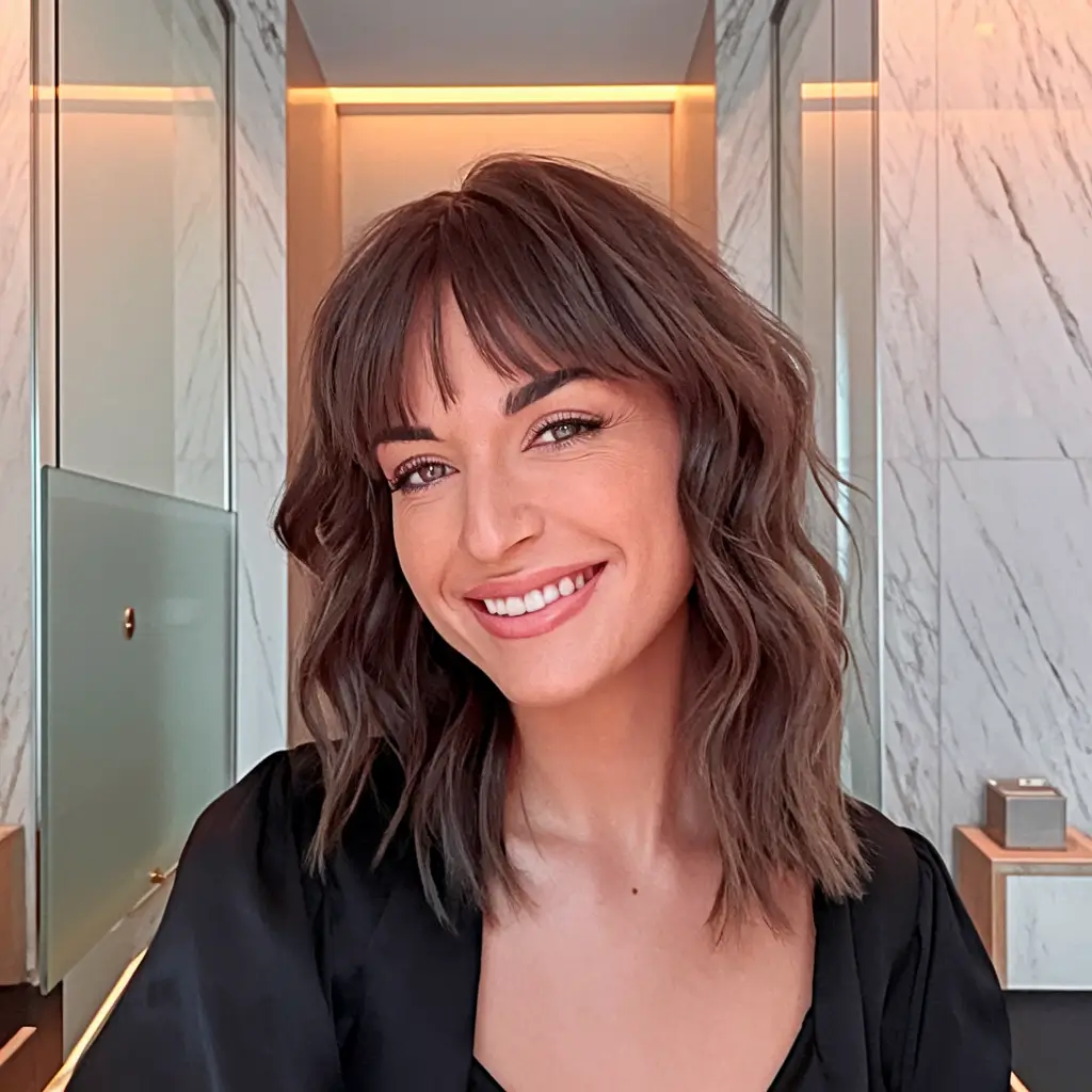 Modern hairstyle for Fall Hair 2025 Textured Brunette Lob with Bangs