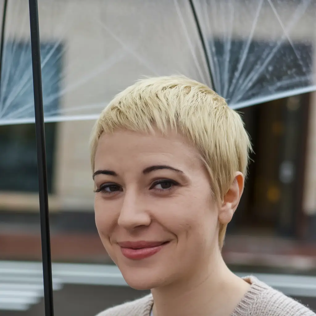 fall pixie haircut Micro Bleach Pixie with Blunt Texture