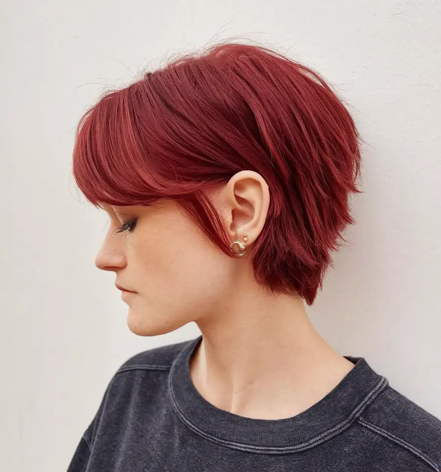 fall hair color for pixie haircut Mulled Wine Pixie Bob with Layers