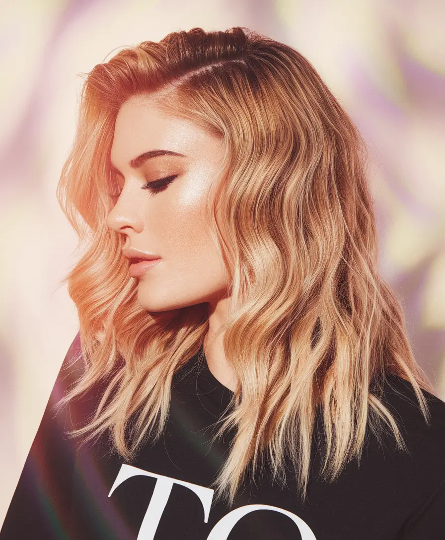fall hair color for blondes 2025+Golden Caramel Waves with Retro Gloss