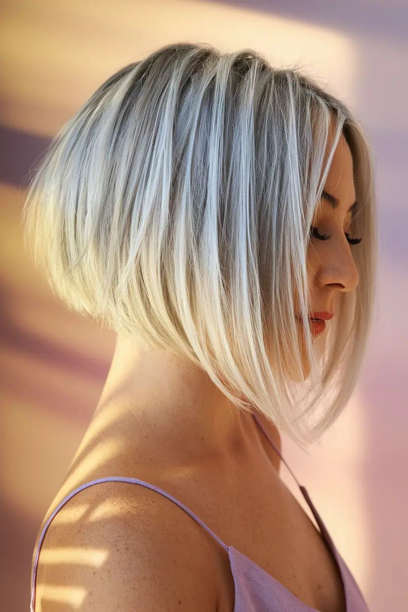 fall hair color for blondes 2025 Stacked Bob with Silver Blonde Frost