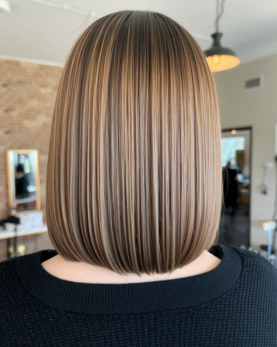 fall brunette hair color highlights Sleek Blunt Cut with Ultra-Fine Highlights