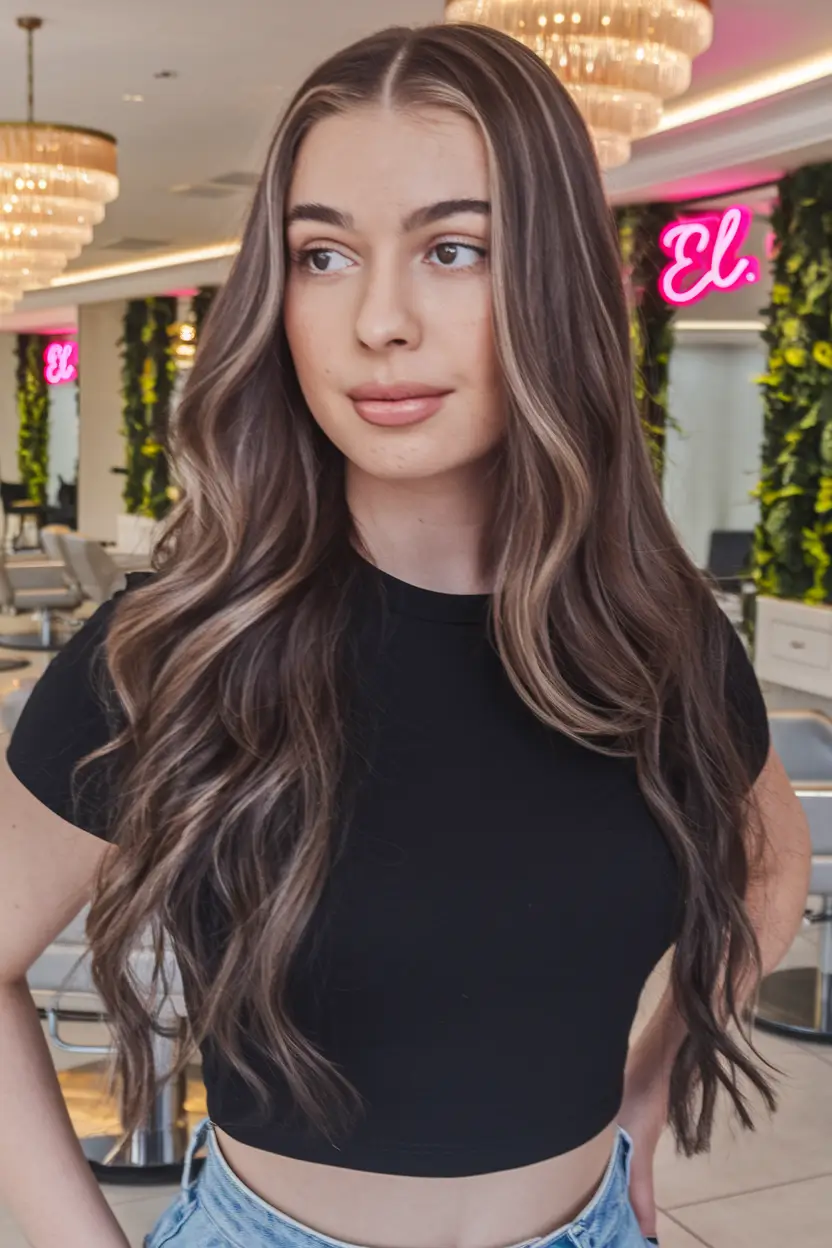 fall brunette hair color balayage long Romantic Waves with Face-Framing Lightness