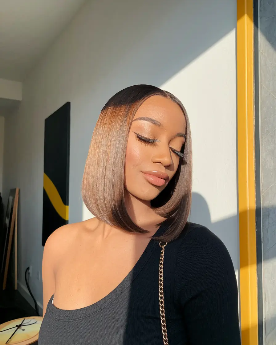 fall brunette hair color balayage Sleek Center Part Bob with Glowing Shine
