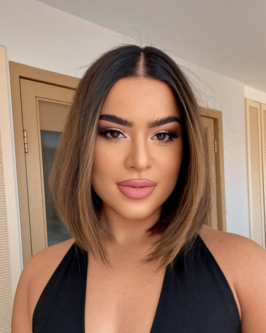 fall brunette hair color balayage 2025 Polished Lob with a Sharp Middle Part
