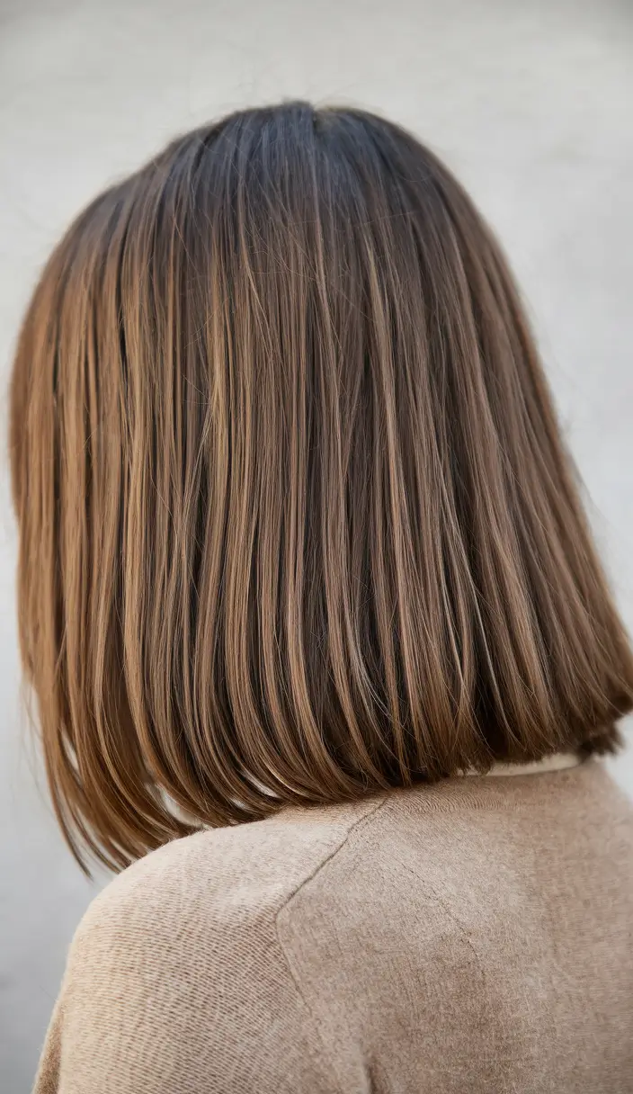 fall brunette hair color balayage medium Minimalist Straight Bob with Cinnamon Ribbon Highlights