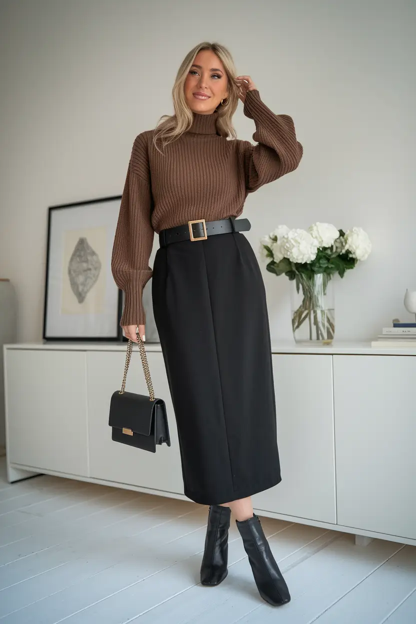 fall office outfits for women 2025 Polished Neutrals with a Skirt to Impress
