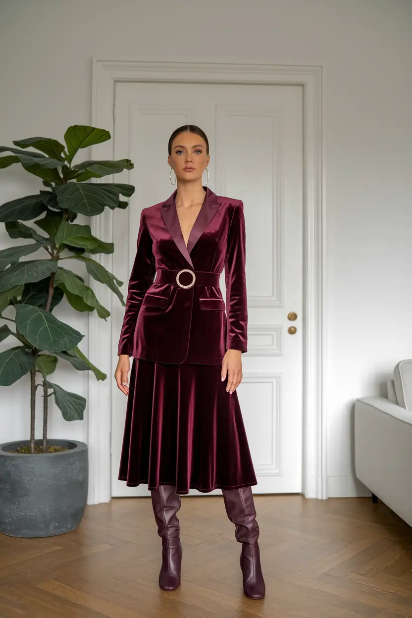 fall office outfits for women boots Velvet Power in Burgundy Elegance