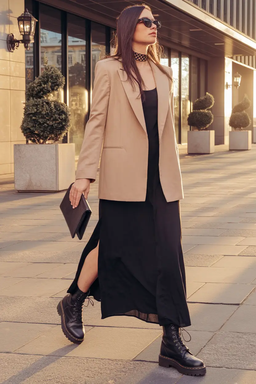 fall work outfits for women 2025+Neutral Blazer and Combat Boots Power Look