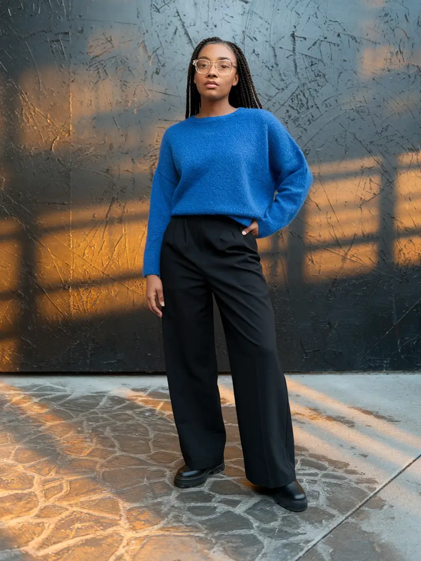 fall work outfits for women 2025+Soft Blue Knit with Tailored Black Trousers