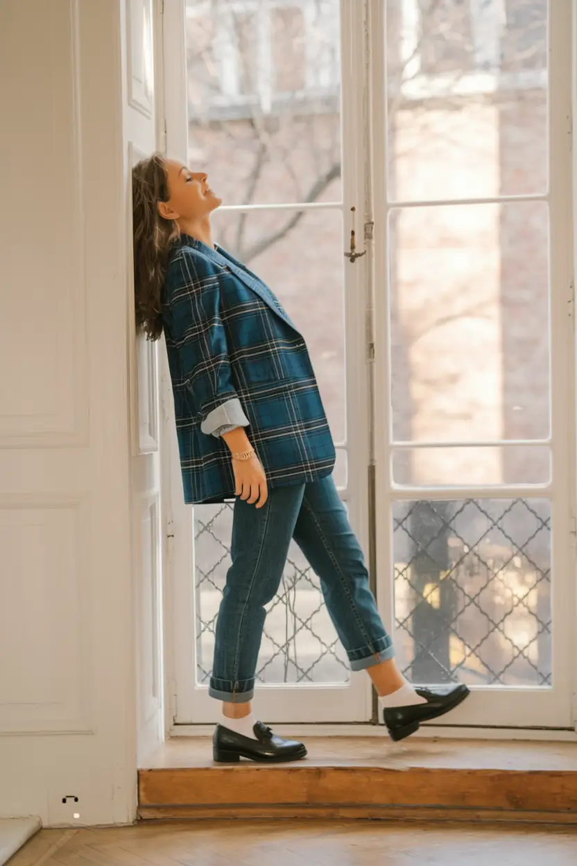 fall work outfits for women jeans+Rolled Cuffs and Plaid Blazer Nostalgia