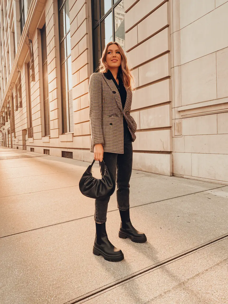 fall work outfits for women casual jeans Elevated Houndstooth for Downtown Vibes