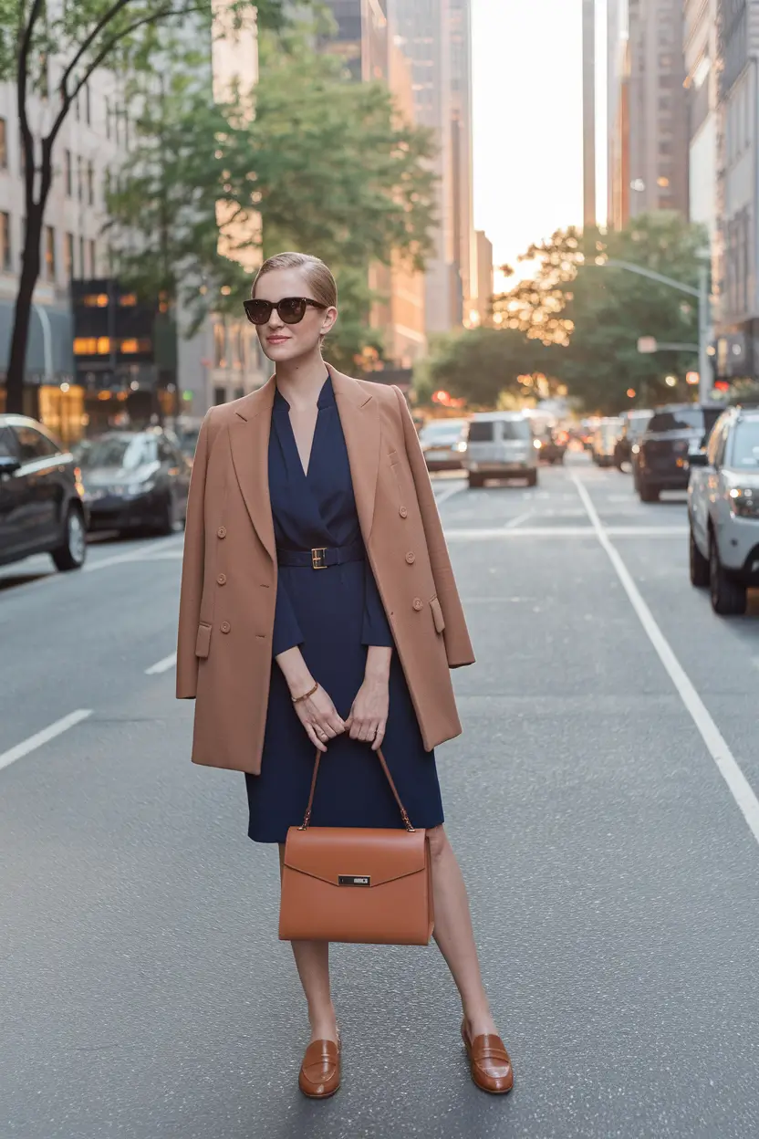 fall work outfits for women business+Double-Breasted Blazer Over Navy Wrap Dress