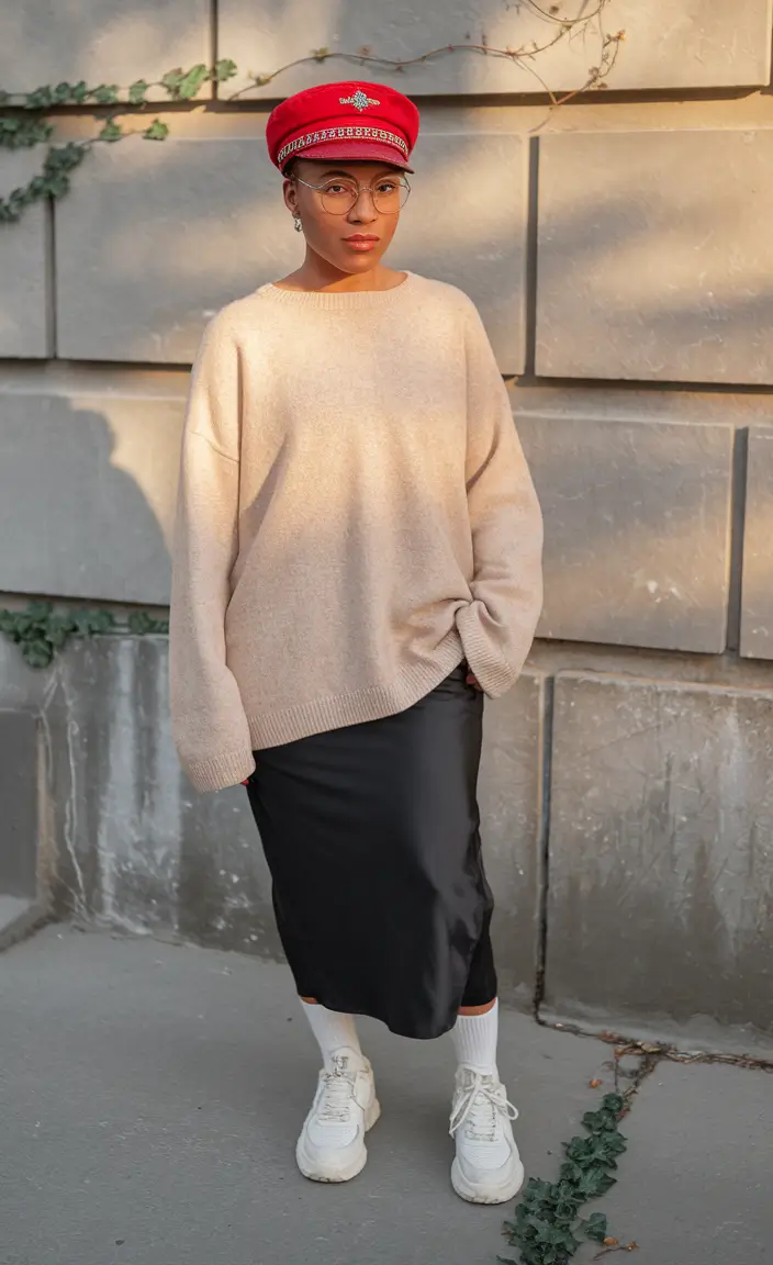On-Trend Fall outfits Ideas 2025+Oversized Knits Meet Silky Skirts