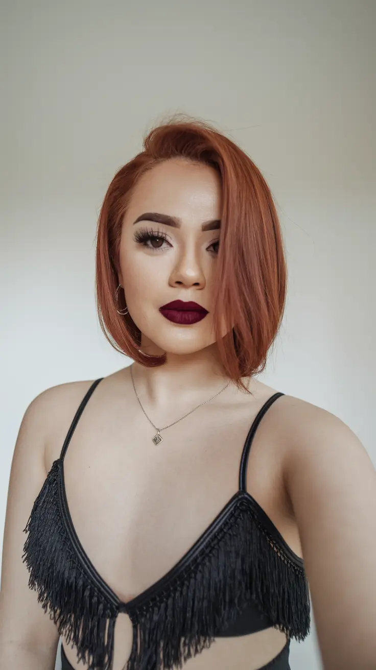 fall haircuts 2025 oval face Fiery Copper Bob with Sleek Side Part